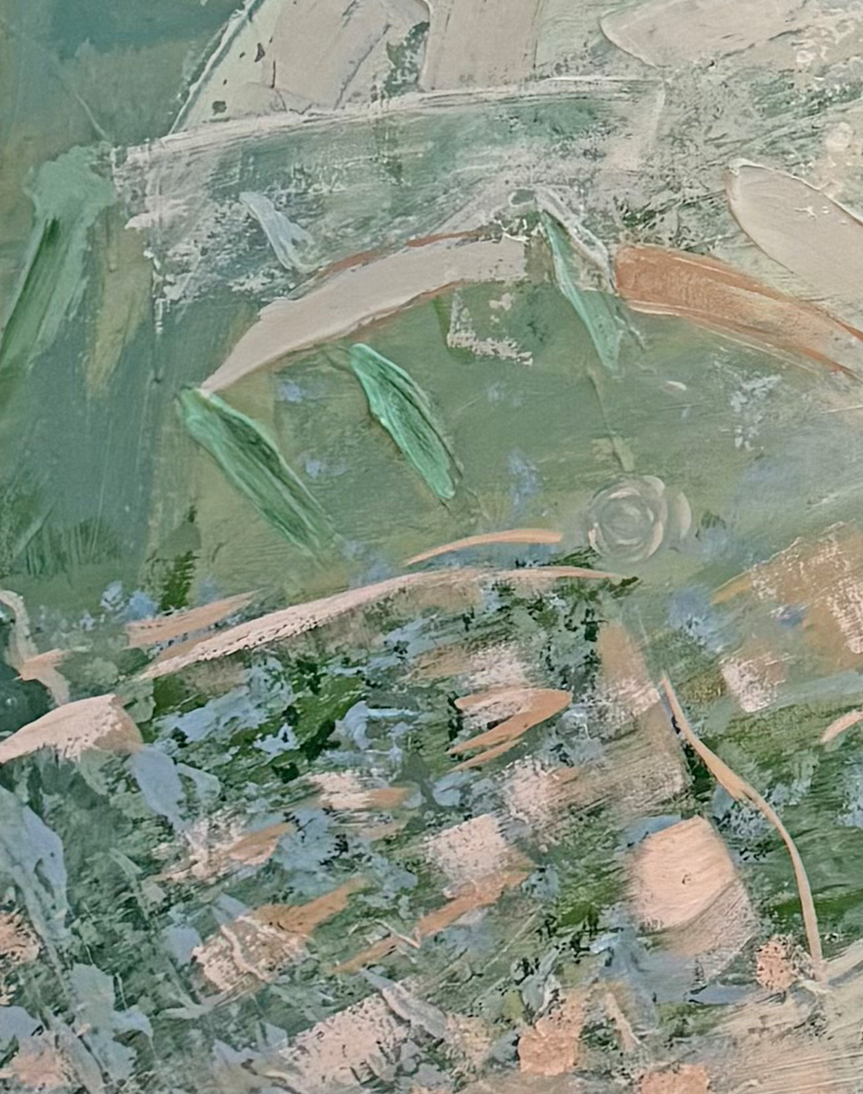 Close-up of layered sage, cream, and blush palette-knife strokes